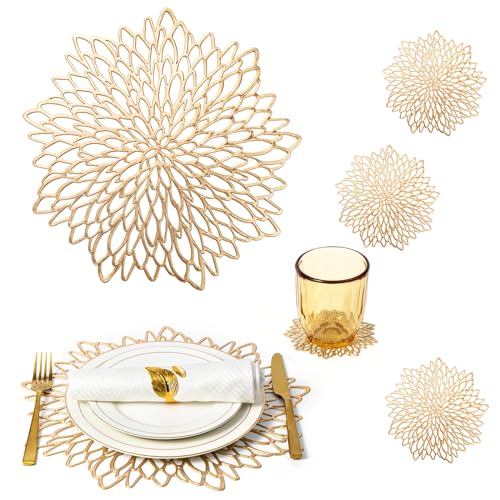 Gold Placemats Set of 12 with Coasters - Round Vinyl Table Mats for Holiday and Wedding Decor