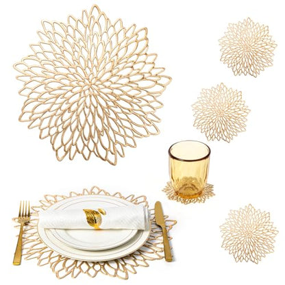 Gold Placemats Set of 12 with Coasters - Round Vinyl Table Mats for Holiday and Wedding Decor