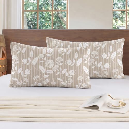 Beige Floral Pillowcases Queen Size Set of 2 - Breathable Cotton, Envelope Closure