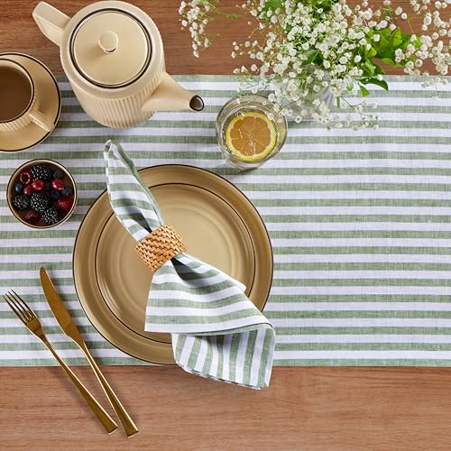 Solino Home 100% Linen Table Runner 14 x 120 Inch Green & White Stripe
