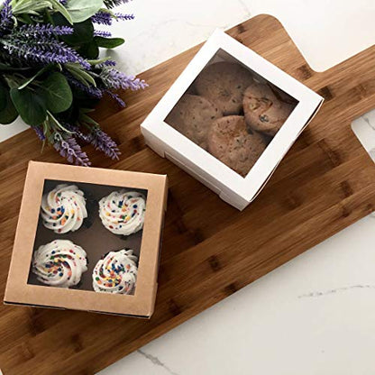 Essos Cupcake Boxes for 4 Kraft with Clear Display Window [20 pieces] Cupcakes Container or Packaging Box Kit for Chocolate Truffles Cake Pops Desserts Mini Cookies Pies or Muffins