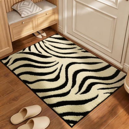 Washable Zebra Striped Entryway Rug - Non-Slip Indoor Small Carpet for Home & Bedroom