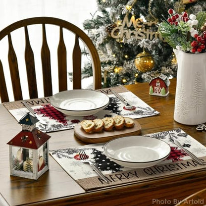 12x18 Inch Christmas Placemats Set of 6 - Red & Beige Holiday Table Decor