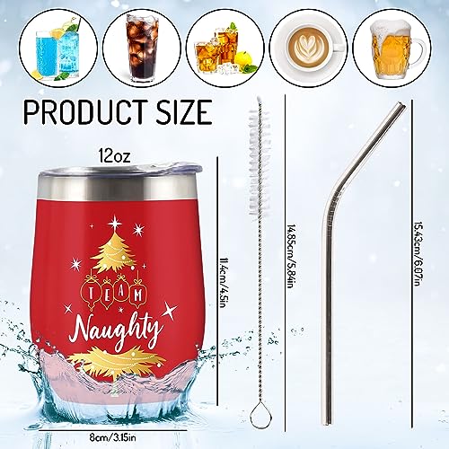 Christmas Stainless Steel Wine Tumblers Set with Lid & Straw - Naughty & Nice Team Cups, 12oz