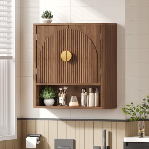 Wall Mount Bathroom Cabinet with Adjustable Shelves - Walnut Finish