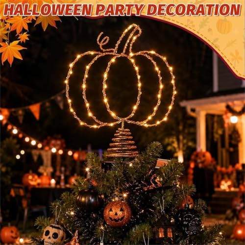 Halloween Pumpkin Tree Topper with LED Lights, Metal Hollow Design, 11.6 Inch