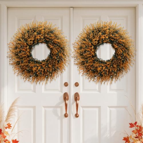 28-Inch Fall Boxwood Wreath for Front Door Decoration - Orange
