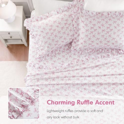 Full Sheet Set with Pink Bow Ruffle - 4 Piece Bedding Comforter Set