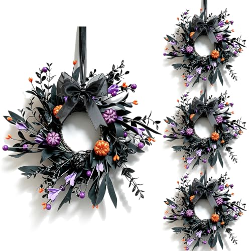 Halloween Hanging Wreaths with Black Foliage and Orange Pumpkins - 4 Pieces, Gothic Decor