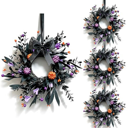 Halloween Hanging Wreaths with Black Foliage and Orange Pumpkins - 4 Pieces, Gothic Decor