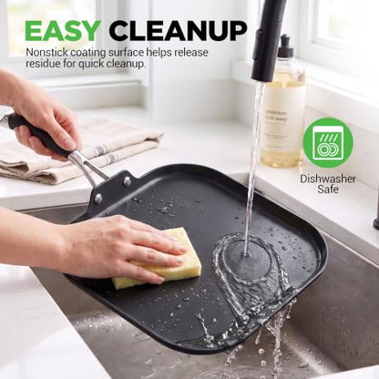 NutriChef 11-Inch Square Nonstick Griddle Pan with Induction Base - Black
