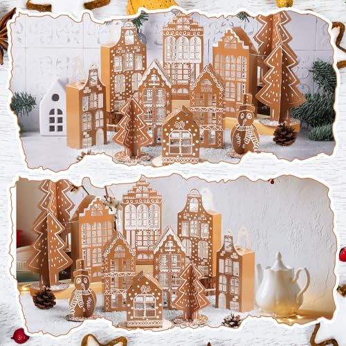 Christmas Gingerbread Village Set with Houses, Trees, Snowman - Holiday Decor