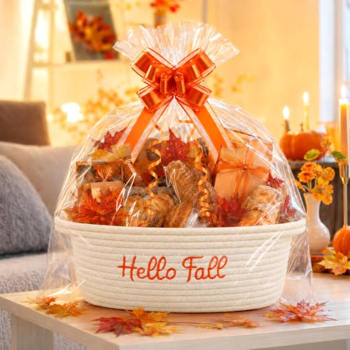 Hello Fall Woven Cotton Rope Gift Basket with Embroidered Hello Fall and Decorative Bow