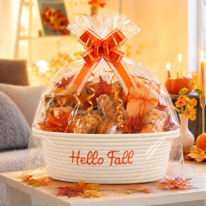 Hello Fall Woven Cotton Rope Gift Basket with Embroidered Hello Fall and Decorative Bow
