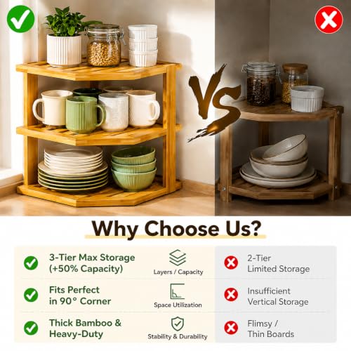 3-Tier Bamboo Corner Shelf for Kitchen Countertop and Cabinet Storage