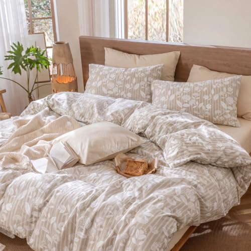 Queen Size Floral Comforter Set 3 Pieces Cotton Bedding - Beige Leaf Stripe