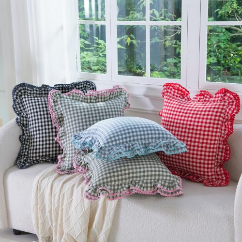 Green White Gingham Pillow Sham Set with Ruffle and Ric-Rac Trim - 24x24 Inch