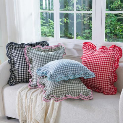 Green White Gingham Pillow Sham Set with Ruffle and Ric-Rac Trim - 24x24 Inch