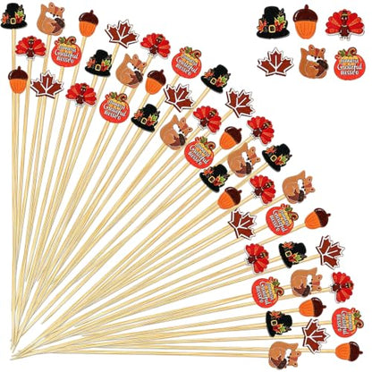 100 Pcs Fall Cocktail Picks with Autumn Leaf Pumpkin & Acorn Designs