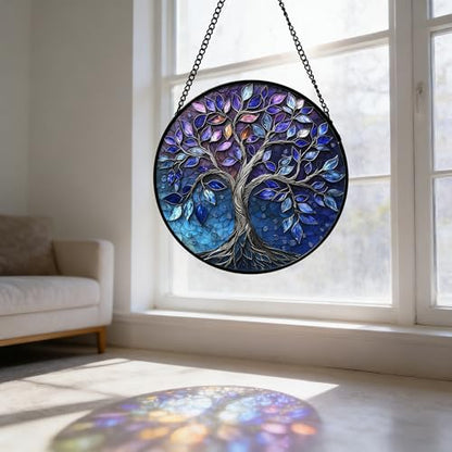 Blue Purple Tree of Life Stained Glass Window Hanging Suncatcher 7.8 Inch - Vibrant Home Decor