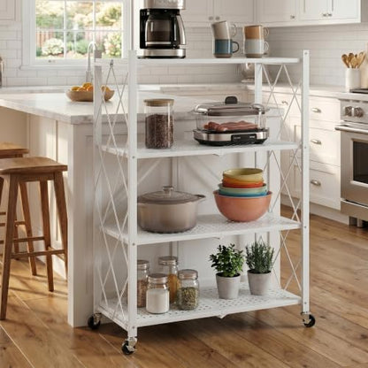 White 4-Tier Foldable Storage Shelves with Wheels - No Tools Needed