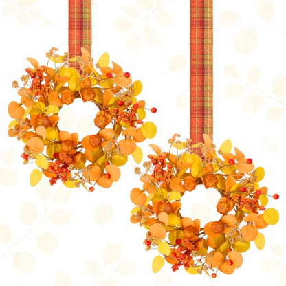 Thanksgiving Mini Eucalyptus Wreath Set - 2 Pcs Fall Decor with Plaid Ribbons