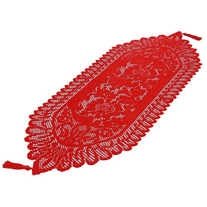 Red Lace Table Runner for Christmas Party Coffee Decor - 13x35 Inches - Variation #1-Red