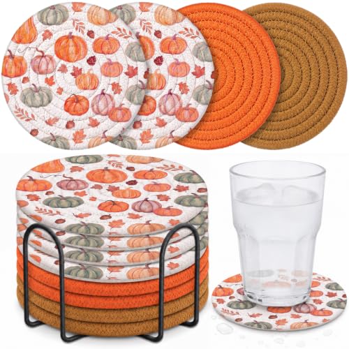Fall Pumpkin Coaster Set with Metal Holder - 8 Woven Cotton Drink Coasters, Autumn Decor