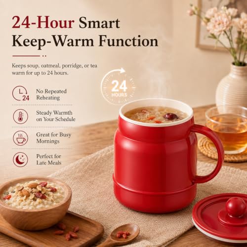 Red Multi-Function Portable Electric Stewing Cup 6-in-1 Cooker 27oz