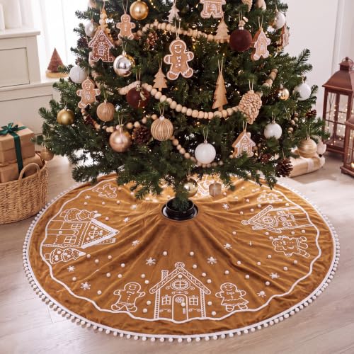 48 Inch Christmas Gingerbread Tree Skirt Velvet with White Pom Poms
