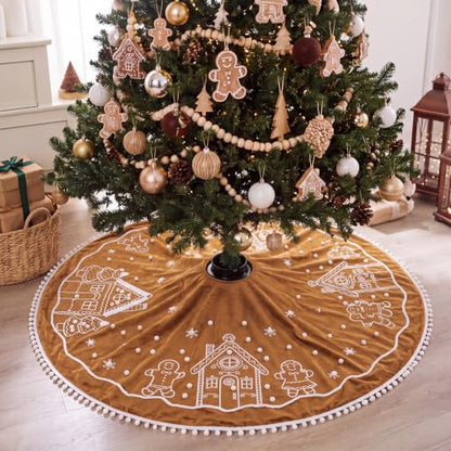 48 Inch Christmas Gingerbread Tree Skirt Velvet with White Pom Poms