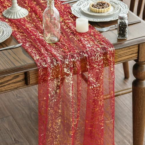 28x120 Inch Red Gold Gauze Table Runner 6 Pack Glitter Metallic Decor