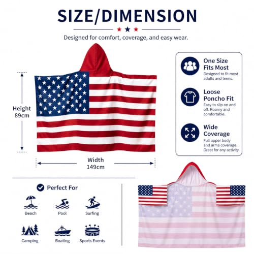 American Flag Hooded Cape Wearable Beach Towel Patriotic Cover Up for Outdoor Events - Variation A