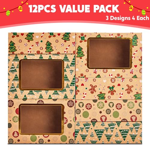 12-Pack Foiled Christmas Cookie Boxes with Windows - Holiday Bakery Treat Containers