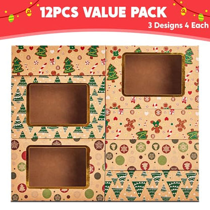 12-Pack Foiled Christmas Cookie Boxes with Windows - Holiday Bakery Treat Containers