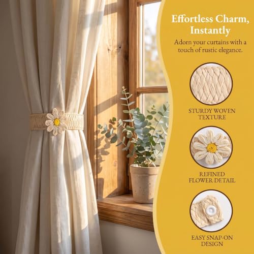 Yellow Flower Curtain Tiebacks 2 Pack Rope Woven No Drill Boho Rustic Home Decor