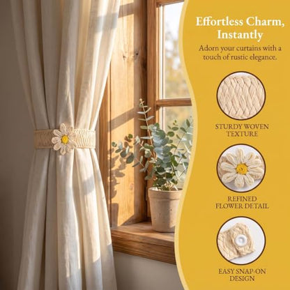 Yellow Flower Curtain Tiebacks 2 Pack Rope Woven No Drill Boho Rustic Home Decor