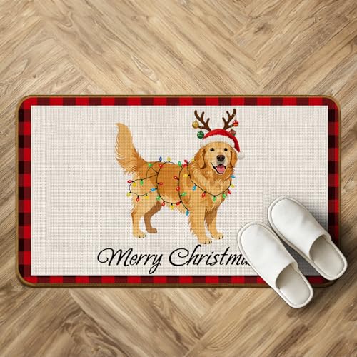 Golden Retriever Christmas Door Mat - Non-Slip Welcome Mat for Front Door - 17x30 Inch - Red and Black Plaid - Variation: Golden Retriever-1