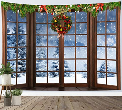 Christmas Snow Forest Wall Tapestry with Brown Window - Winter Landscape Decor 70.9 x 92.5 inches Variation of THIS listing