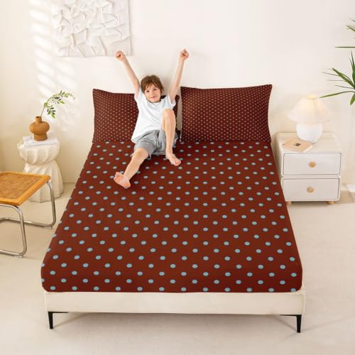 Kids Full Size Fitted Sheet Set Blue Brown Geometric Polka Dot Bedding - 2 Pillowcases