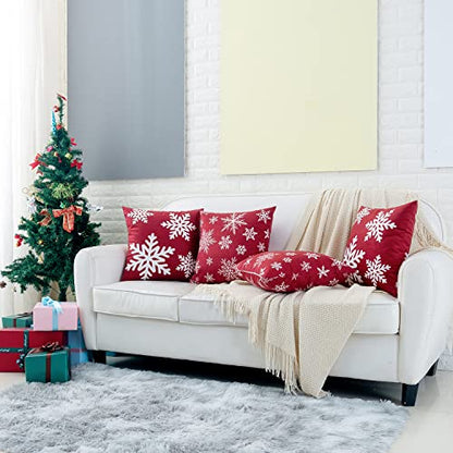 Red Decorative Throw Pillow Covers 16x16 Inch Set of 2 with Snowflakes Print - Pack of 2