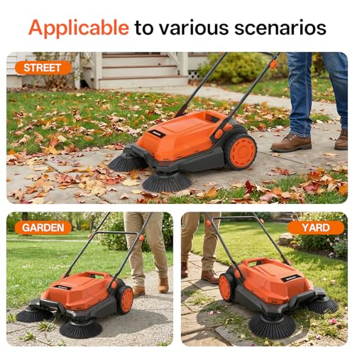 26-Inch Walk-Behind Floor Sweeper with Large Dust Container for Garage Patio Yard