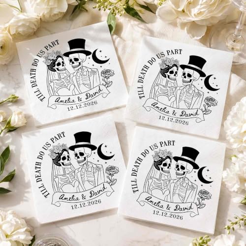 Personalized Gothic Skeleton Wedding Cocktail Napkins - Couple 1734 Halloween Wedding Decor