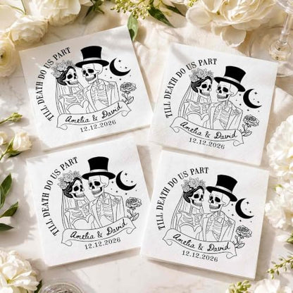 Personalized Gothic Skeleton Wedding Cocktail Napkins - Couple 1734 Halloween Wedding Decor