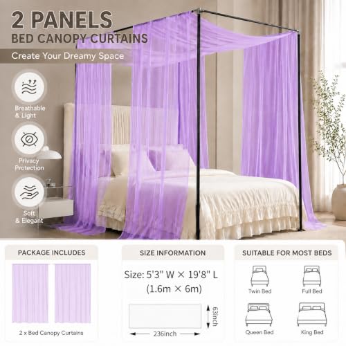 Purple Bed Canopy Curtains, Sheer Mesh Drapes for Bedroom Decor - 63"W x 236"L, Pack of 2