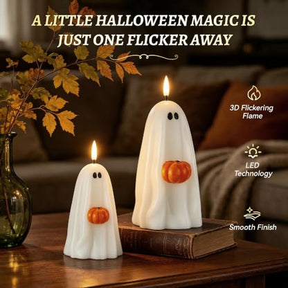 Halloween Ghost Flameless Candles with Pumpkin, Remote Control, Real Wax, Battery Operated Decor