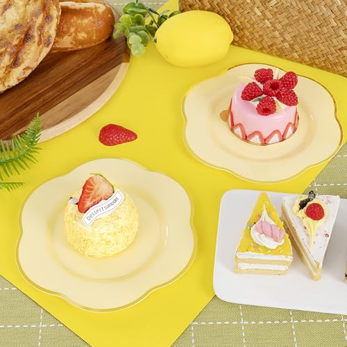 Yellow Plastic Plates Set with Gold Accents - Floral Style 50PCS for Parties & Events