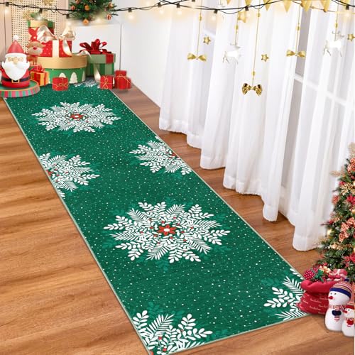 Christmas Snowflake Area Rug Runner 2x8 ft Green Non-Slip Washable Vintage Style