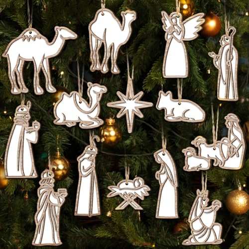 Christmas Nativity Scene Wooden Ornaments Set - 28 Pieces, Religious Decorations, 14 Styles