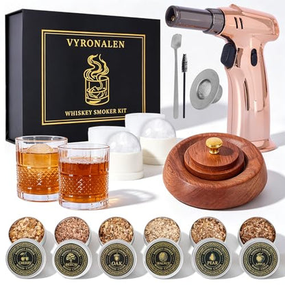 Rose Gold Whiskey Smoker Kit with Triple-Flame Torch & Glasses - 18-Piece
